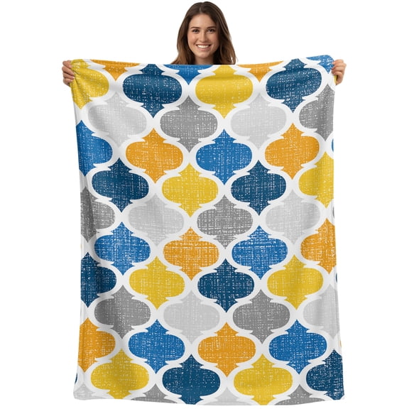 Throw Blanket Abstract Geometric Morocco Pattern Blankets and Throws, Yellow and Blue Blanket for Couch Bed Sofa Chair, Soft Cozy Warm Flannel Fleece Blankets for All Season Home Decor 40x50 Inch