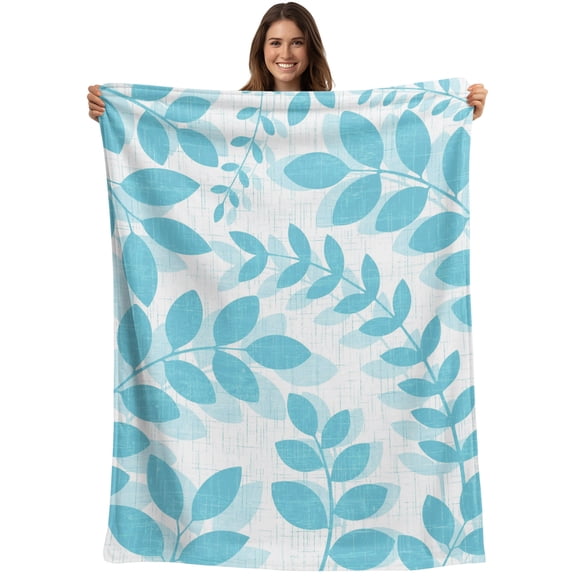 Throw Blanket Aqua Leaves Branches Blankets and Throws, Linen Leaf Plant Blanket for Couch Bed Sofa Chair, Soft Cozy Warm Flannel Fleece Blankets for All Season Home Decor 40x50 Inch