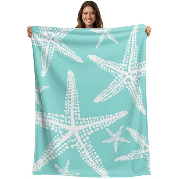 Throw Blanket Aqua Ocean Starfish Blankets and Throws, Summer Beach Coastal Blanket for Couch Bed Sofa Chair, Soft Cozy Warm Flannel Fleece Blankets for All Season Home Decor 40x50 Inch