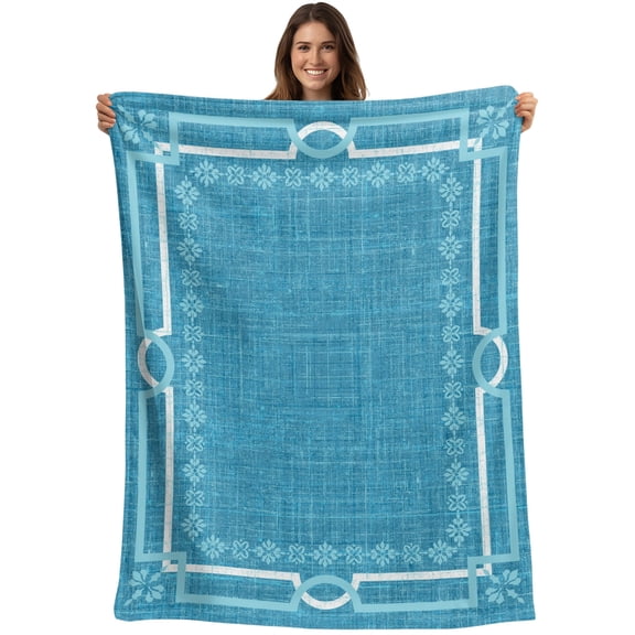 Throw Blanket Azure Linen Border Blankets and Throws, Floral Lines Frame Blanket for Couch Bed Sofa Chair, Soft Cozy Warm Flannel Fleece Blankets for All Season Home Decor 40x50 Inch