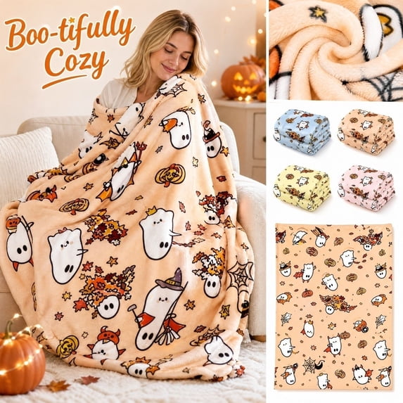 Throw Blanket for Bed, Fall Halloween Decor, Cute Fall Decor, Pumpkin Decorations for Home, Light Blue Whimsical Halloween Ghost Print Flannel Blanket 59X52 Inch Cozy Warm Fleece
