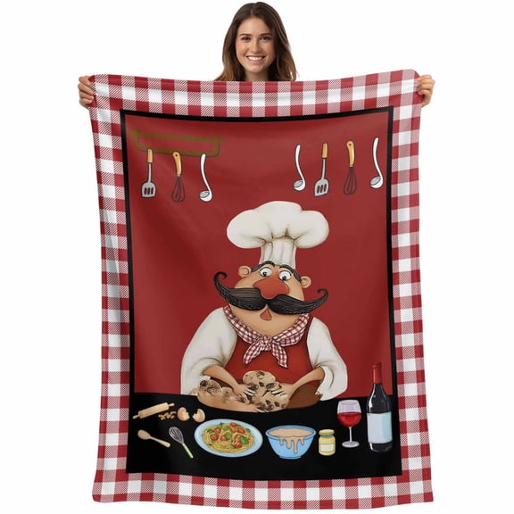 Throw Blanket Bistro Cooking Chef Blankets and Throws, Funny Kitchen Wine Red Plaid Blanket for Couch Bed Sofa Chair, Soft Cozy Warm Flannel Fleece Blankets for All Season Home Decor 40x50 Inch