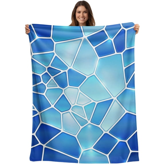 Throw Blanket Blue Ceramic Tiles Blankets and Throws, Abstract Art Puzzles Structure Blanket for Couch Bed Sofa Chair, Soft Cozy Warm Flannel Fleece Blankets for All Season Home Decor 40x50 Inch