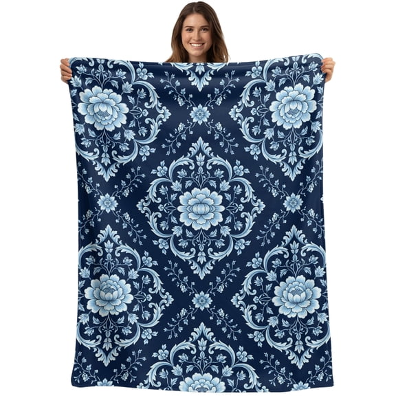 Throw Blanket Blue Damask Flower Blankets and Throws, Luxury Baroque Floral Bloom Blanket for Couch Bed Sofa Chair, Soft Cozy Warm Flannel Fleece Blankets for All Season Home Decor 50x60 Inch