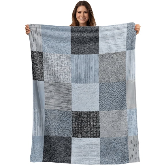 Throw Blanket Blue Linen Squares Blankets and Throws, Boho Woven Fabric Blanket for Couch Bed Sofa Chair, Soft Cozy Warm Flannel Fleece Blankets for All Season Home Decor 50x60 Inch