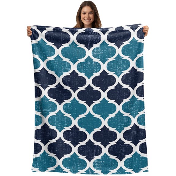 Throw Blanket Blue Moroccan Design Blankets and Throws, Retro Geometric Pattern Blanket for Couch Bed Sofa Chair, Soft Cozy Warm Flannel Fleece Blankets for All Season Home Decor 40x50 Inch