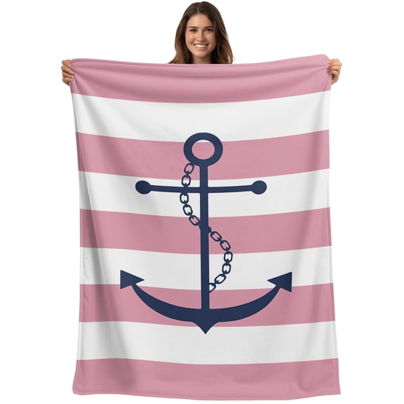 Throw Blanket Blue Nautical Anchor Chain Blankets and Throws, Pink and White Stripes Blanket for Couch Bed Sofa Chair, Soft Cozy Warm Flannel Fleece Blankets for All Season Home Decor 40x50 Inch