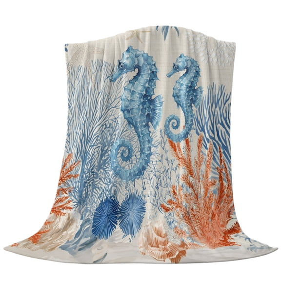 Throw Blanket Blue Ocean Seahorses,Warm Soft Lightweight Flannel Fleece Blankets Marine Coral Starfish Retro Linen,Microfiber Throws for Bed Sofa Couch Camping All Seasons Use 30x40In