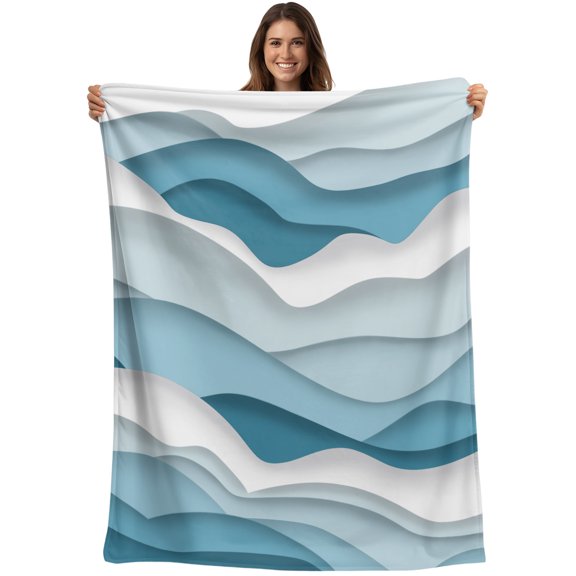 Throw Blanket Blue Ombre Blankets and Throws, Geometric Abstract Sea Wave Blanket for Couch Bed Sofa Chair, Soft Cozy Warm Flannel Fleece Blankets for All Season Home Decor 40x50 Inch