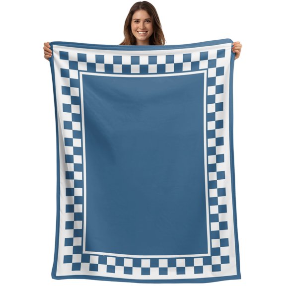 Throw Blanket Blue Squares Blankets and Throws, Modern Block Checkered Border Blanket for Couch Bed Sofa Chair, Soft Cozy Warm Flannel Fleece Blankets for All Season Home Decor 40x50 Inch