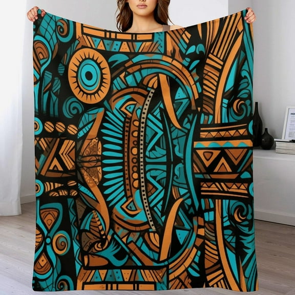 Throw Blanket Blue Turquoise Teal Orange Brown Retro Pattern Soft Cozy Flannel Fleece Throw Blanket Vintage Carpet Pattern Antique Decorative Flannel Blanket for Winter Bedding 60"x80"