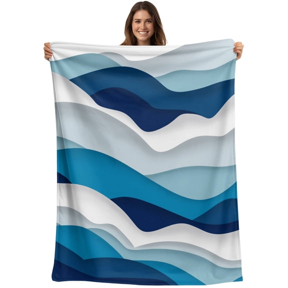 Throw Blanket Blue White Ombre Sea Wave Blankets and Throws, Abstract Geometric Blanket for Couch Bed Sofa Chair, Soft Cozy Warm Flannel Fleece Blankets for All Season Home Decor 40x50 Inch