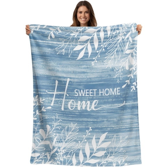 Throw Blanket Blue Wood Grain Blankets and Throws, Leaves Home Sweet Home Blanket for Couch Bed Sofa Chair, Soft Cozy Warm Flannel Fleece Blankets for All Season Home Decor 40x50 Inch