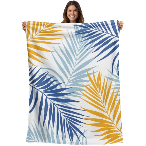 Throw Blanket Blue Yellow Tropical Leaves Blankets and Throws, Coastal Palm Fronds Blanket for Couch Bed Sofa Chair, Soft Cozy Warm Flannel Fleece Blankets for All Season Home Decor 40x50 Inch