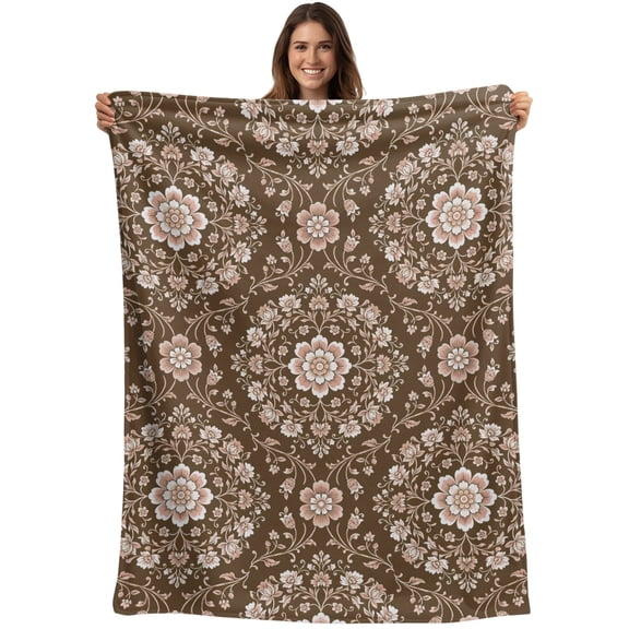 Throw Blanket Brown Damask Flower Blankets and Throws, Luxury Baroque Floral Bloom Blanket for Couch Bed Sofa Chair, Soft Cozy Warm Flannel Fleece Blankets for All Season Home Decor 50x60 Inch