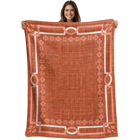 Throw Blanket Burnt Orange Linen Border Blankets and Throws, Floral Lines Frame Blanket for Couch Bed Sofa Chair, Soft Cozy Warm Flannel Fleece Blankets for All Season Home Decor 40x50 Inch