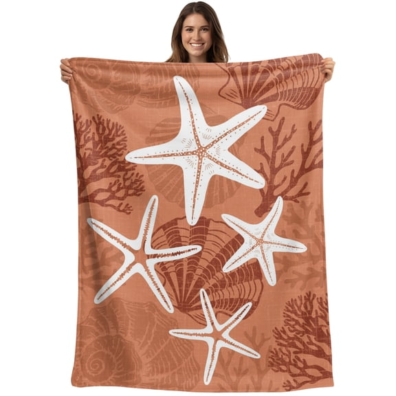 Throw Blanket Burnt Orange Linen Ocean Starfish Blankets and Throws, Coastal Coral Conch Blanket for Couch Bed Sofa Chair, Soft Cozy Warm Flannel Fleece Blankets for All Season Home Decor 40x50 Inch