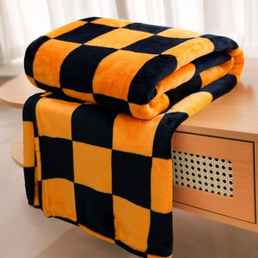 Throw Blanket Checkerboard Black and Orange, Orange Chessboard Flannel Blanket for Couch,Bed,Sofa, 300GSM Soft Cozy Comfy Warm Checkered Blanket Halloween Decor for All Season