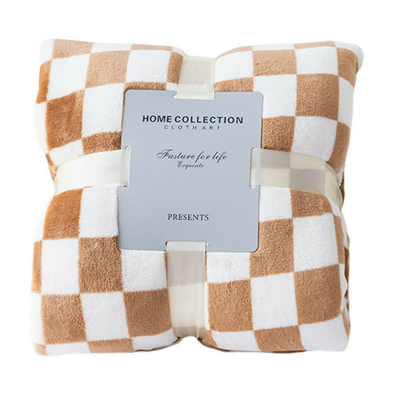 Throw Blanket Checkerboard Design Coldproof Polyester Bedroom Bed Winter Warm Flannel Blanket Sleeping Cover,Khaki S