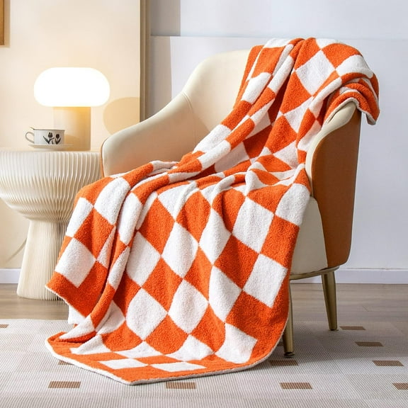 Throw Blanket Checkerboard Fuzzy Blanket Reversible Plush Plaid Throw Blankets (51×63in) Warm Cozy Microfiber Knit Fluffy Checkered Blanket Decor Valentine''s Gift(Burnt Orange)