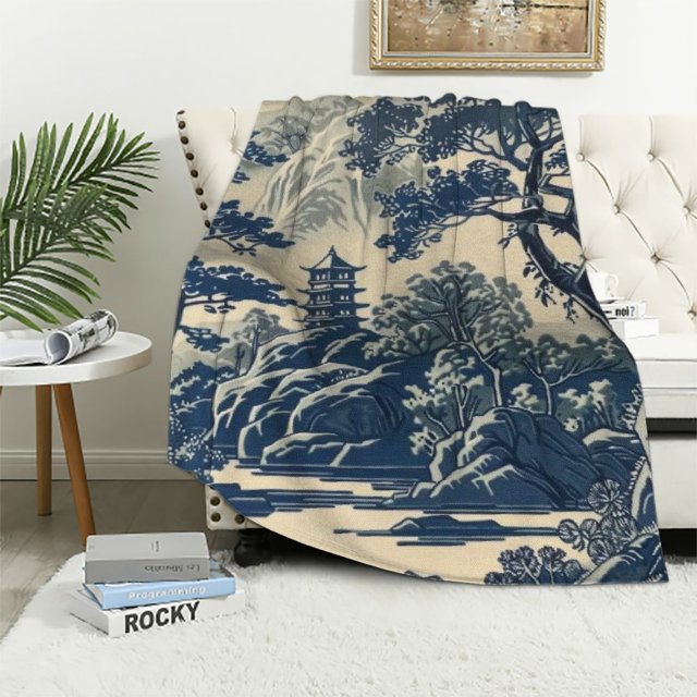 Throw Blanket Chinoiserie Asian Blue Pagoda Blanket Japanese Asian