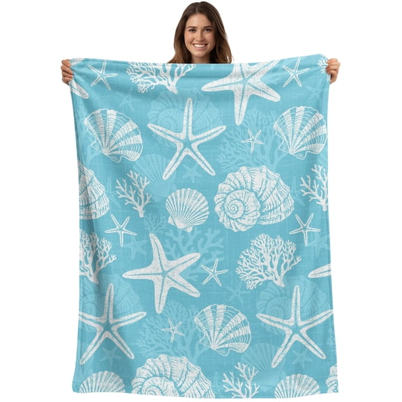 Throw Blanket Coastal Marine Life Blankets and Throws, Aqua Starfish Shell Conch Blanket for Couch Bed Sofa Chair, Soft Cozy Warm Flannel Fleece Blankets for All Season Home Decor 40x50 Inch