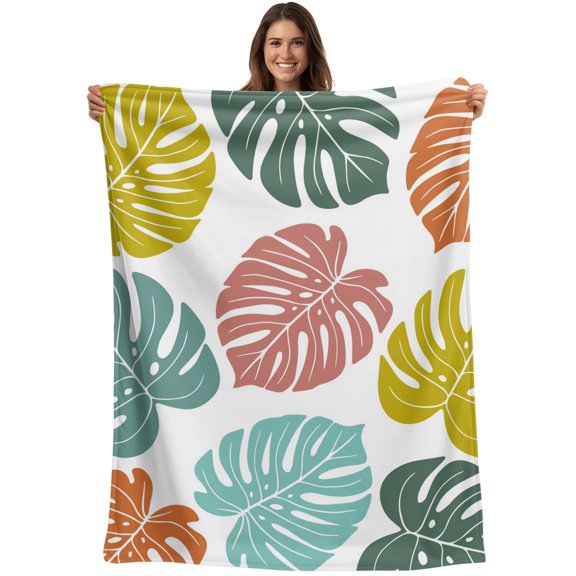 Throw Blanket Colorful Tropical Monstera Leaves Blankets and Throws, Summer Palm Leaf Blanket for Couch Bed Sofa Chair, Soft Cozy Warm Flannel Fleece Blankets for All Season Home Decor 40x50 Inch