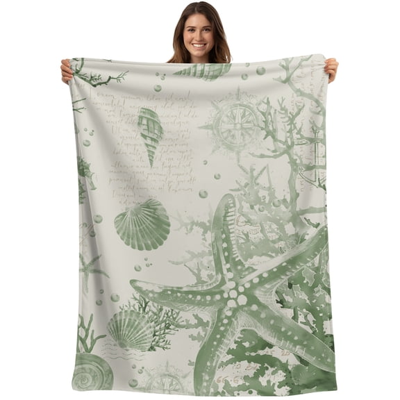 Throw Blanket Conch Starfish Blankets and Throws, Sage Green Shell Seahorse Blanket for Couch Bed Sofa Chair, Soft Cozy Warm Flannel Fleece Blankets for All Season Home Decor 40x50 Inch