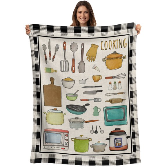 Throw Blanket Cooking Kitchenware Blankets and Throws, Kitchen Tool Black Plaid Blanket for Couch Bed Sofa Chair, Soft Cozy Warm Flannel Fleece Blankets for All Season Home Decor 40x50 Inch