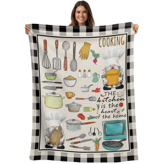 Throw Blanket Cooking Kitchenware Gnome Blankets and Throws, Kitchen Tool Black Plaid Blanket for Couch Bed Sofa Chair, Soft Cozy Warm Flannel Fleece Blankets for All Season Home Decor 40x50 Inch