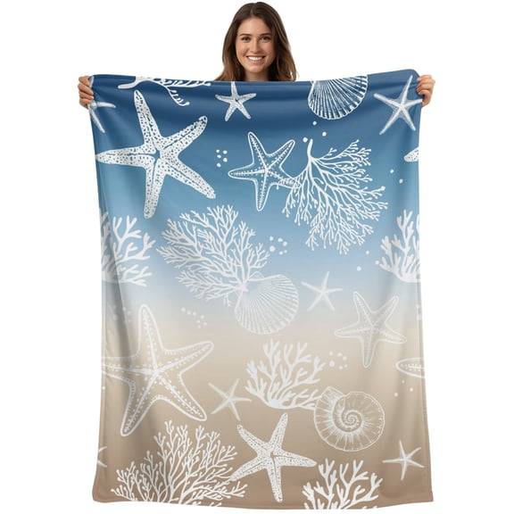 Throw Blanket Coral Starfish Blankets and Throws, Ombre Blue Brown Shell Marine Life Blanket for Couch Bed Sofa Chair, Soft Cozy Warm Flannel Fleece Blankets for All Season Home Decor 50x60 Inch