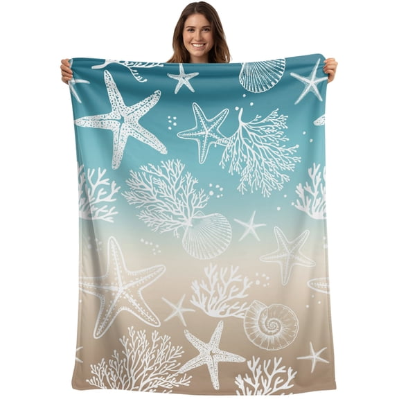 Throw Blanket Coral Starfish Blankets and Throws, Ombre Turquoise Brown Shell Marine Life Blanket for Couch Bed Sofa Chair, Soft Cozy Warm Flannel Fleece Blankets for All Season Home Decor 40x50 Inch