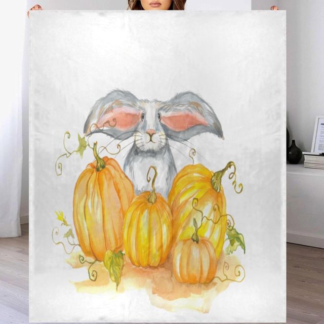 Throw Blanket for Couch 50x60 Inches Autumn Rabbit Pumpkins Soft Cozy