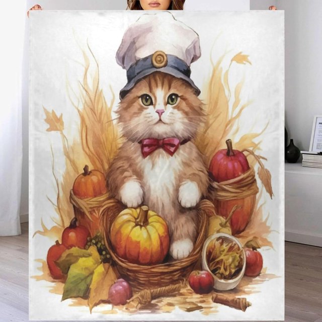 Throw Blanket for Couch 50x60 Inches Cute Autumn Cat Soft Cozy Flannel