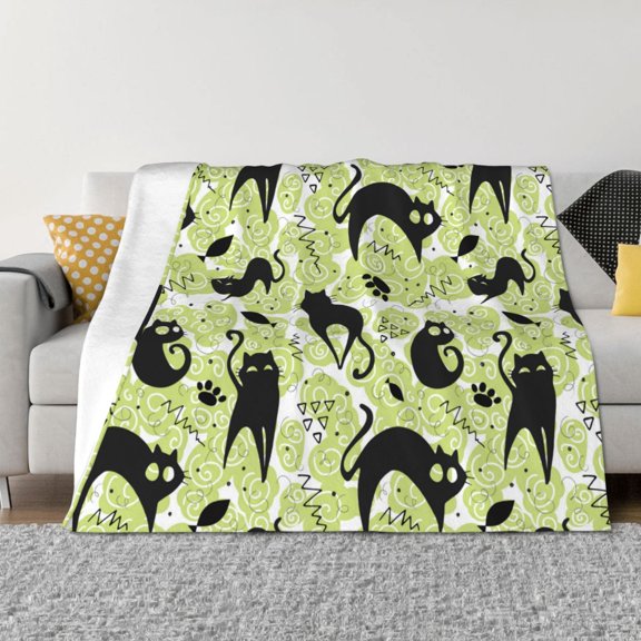 Throw Blanket for Couch - Abstract Cute Cat Green Soft Comfy Lightweight Cozy Warm Throw Blanket, Fuzzy Plush Flannel Blanket & Throws for Sofa and Bed All Season