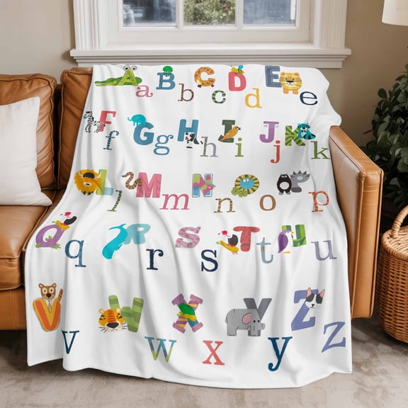 Throw Blanket for Couch Alphabet AnimalColorful Cartoon Soft Fleece Flannel Blankets Cozy Lightweight Blanket for Home Sofa Living Room Bed Throws 60" x 80"