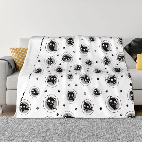 Throw Blanket for Couch - Artistic Black Cartoon Cat Soft Comfy Lightweight Cozy Warm Throw Blanket, Fuzzy Plush Flannel Blanket & Throws for Sofa and Bed All Season
