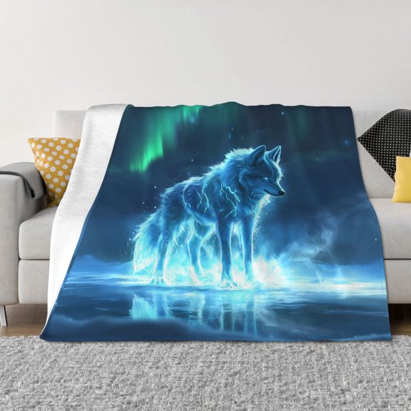Throw Blanket for Couch - Aurora Wolf Frozen Lake Soft Comfy Lightweight Cozy Warm Throw Blanket, Fuzzy Plush Flannel Blanket & Throws for Sofa and Bed All Season