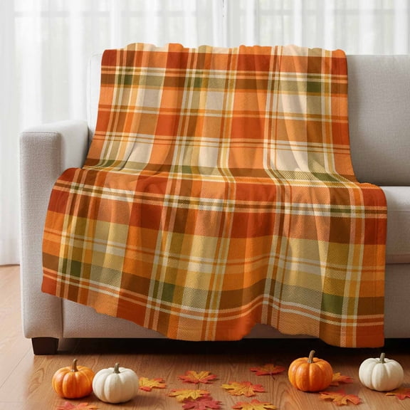 Throw Blanket for Couch, Autumn Season Orange Plaid Soft Fleece Blanket 40x50in, Cozy Warm Flannel Throw Blankets All Season Use, Thanksgiving Theme Check Lightweight Blankets for Sofa Bed