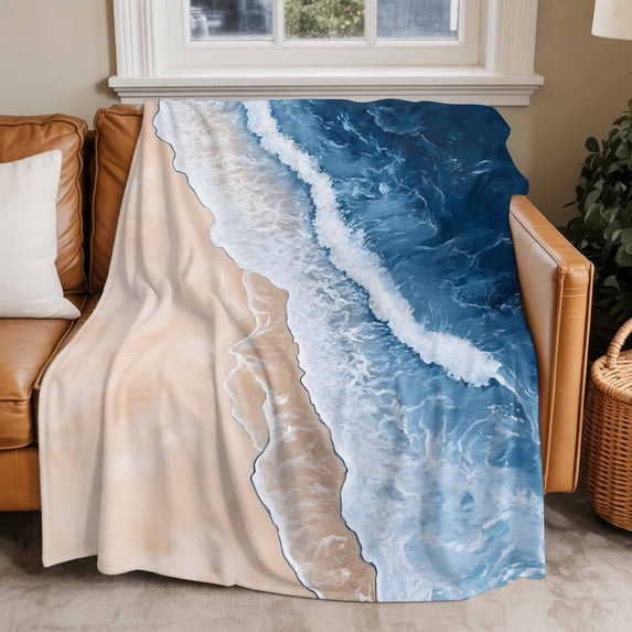 Throw Blanket for Couch Beach Waves Soft Fleece Flannel Blankets Cozy Lightweight Blanket for Home Sofa Living Room Sand Blue Watercolor Bed Throws 60" x 80"