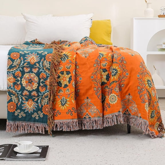 Throw Blanket for Couch Bed Chair, Cotton Soft Lightweight Blanket Rustic Quilt -Orange Floral Printed Farmhouse Decor Bed All Season Blankets,90"×98"