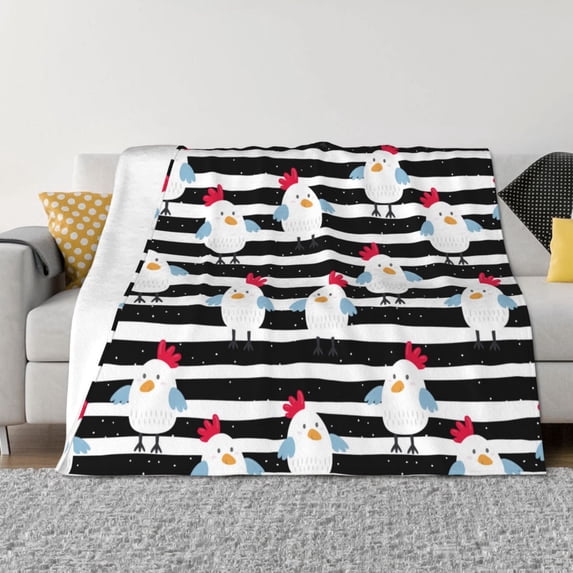 Throw Blanket for Couch - Black White Striped Cute Chicken Soft Comfy Lightweight Cozy Warm Throw Blanket, Fuzzy Plush Flannel Blanket & Throws for Sofa and Bed All Season