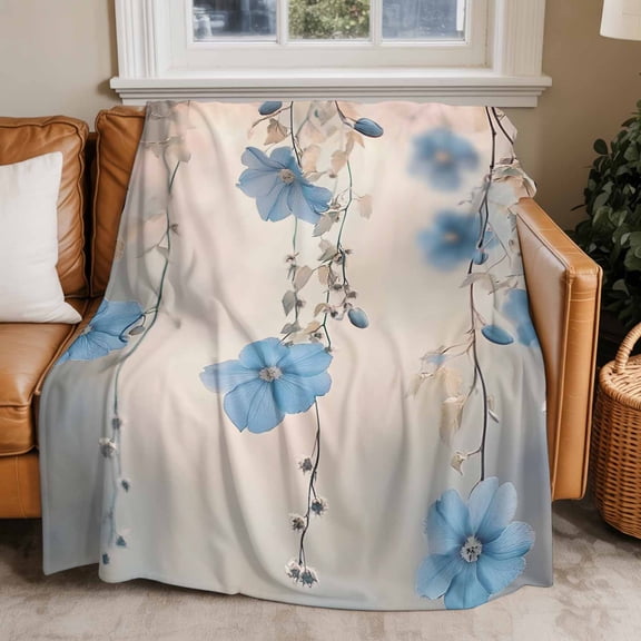 Throw Blanket for Couch Blue Flower Vines Soft Fleece Flannel Blankets Cozy Lightweight Blanket for Home Sofa Living Room Spring Scenery Bed Throws 60" x 80"