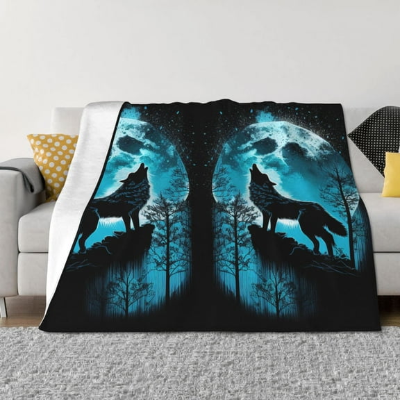 Throw Blanket for Couch - Blue Full Moon Wolf Soft Comfy Lightweight Cozy Warm Throw Blanket, Fuzzy Plush Flannel Blanket & Throws for Sofa and Bed All Season