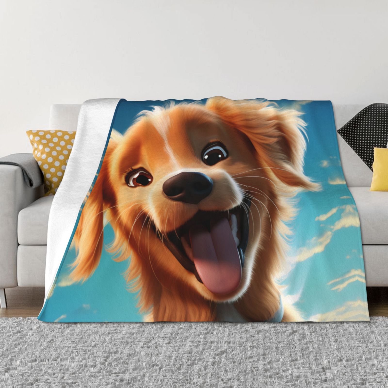 Throw Blanket for Couch - Blue Sky Cute Dog Soft Comfy Lightweight Cozy Warm Throw Blanket, Fuzzy Plush Flannel Blanket & Throws for Sofa and Bed All Season