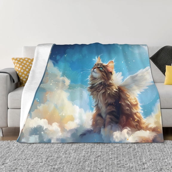 Throw Blanket for Couch - Blue Sky Winged Cat Soft Comfy Lightweight Cozy Warm Throw Blanket, Fuzzy Plush Flannel Blanket & Throws for Sofa and Bed All Season