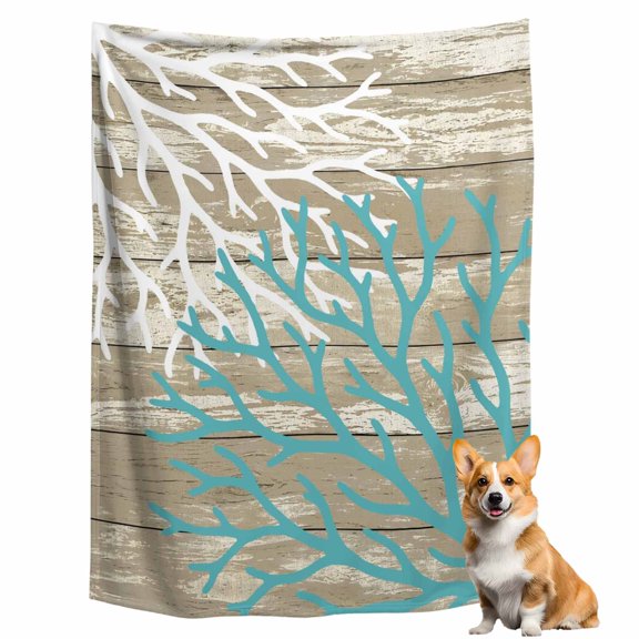 Throw Blanket for Couch, Blue White Sea Corals Soft Fleece Blanket 40x50in, Cozy Warm Flannel Throw Blankets All Season Use, Retro Beige Wood Grains Lightweight Blankets for Sofa Bed