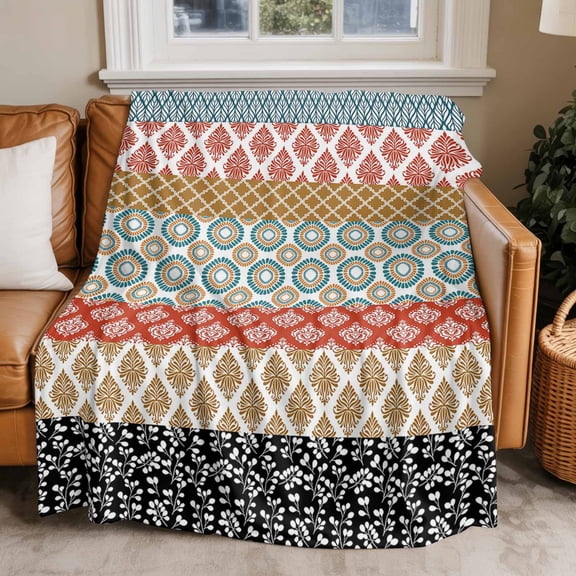 Throw Blanket for Couch Boho Ethnic Soft Fleece Flannel Blankets Cozy Lightweight Blanket for Home Sofa Living Room Bohemian Geometric Stripes Orange Bed Throws 40" x 50"