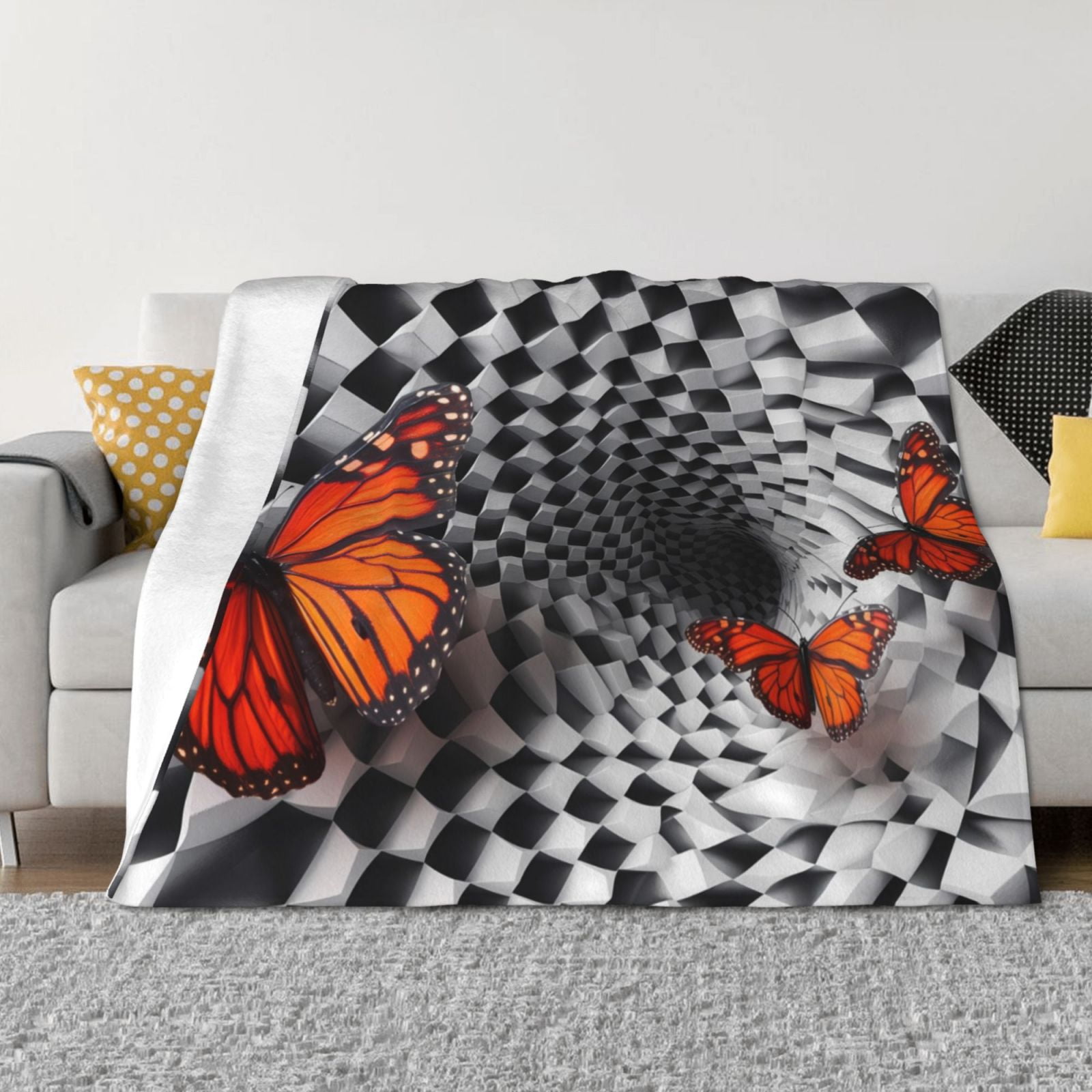 Throw Blanket for Couch, Butterflies Optical Illusion Fuzzy Comfy Warm