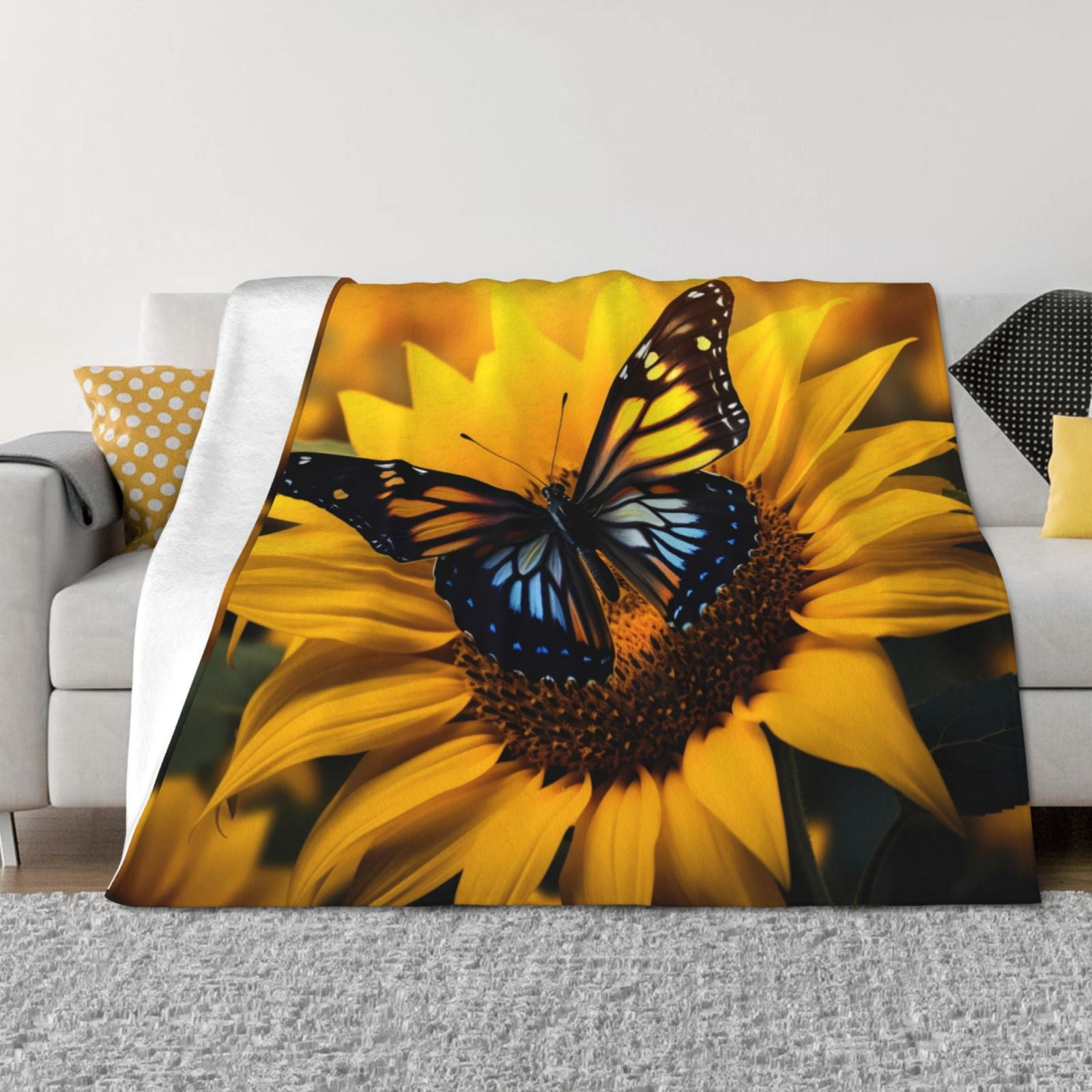 Throw Blanket for Couch, Butterfly On Sunflower Fuzzy Comfy Warm Throw